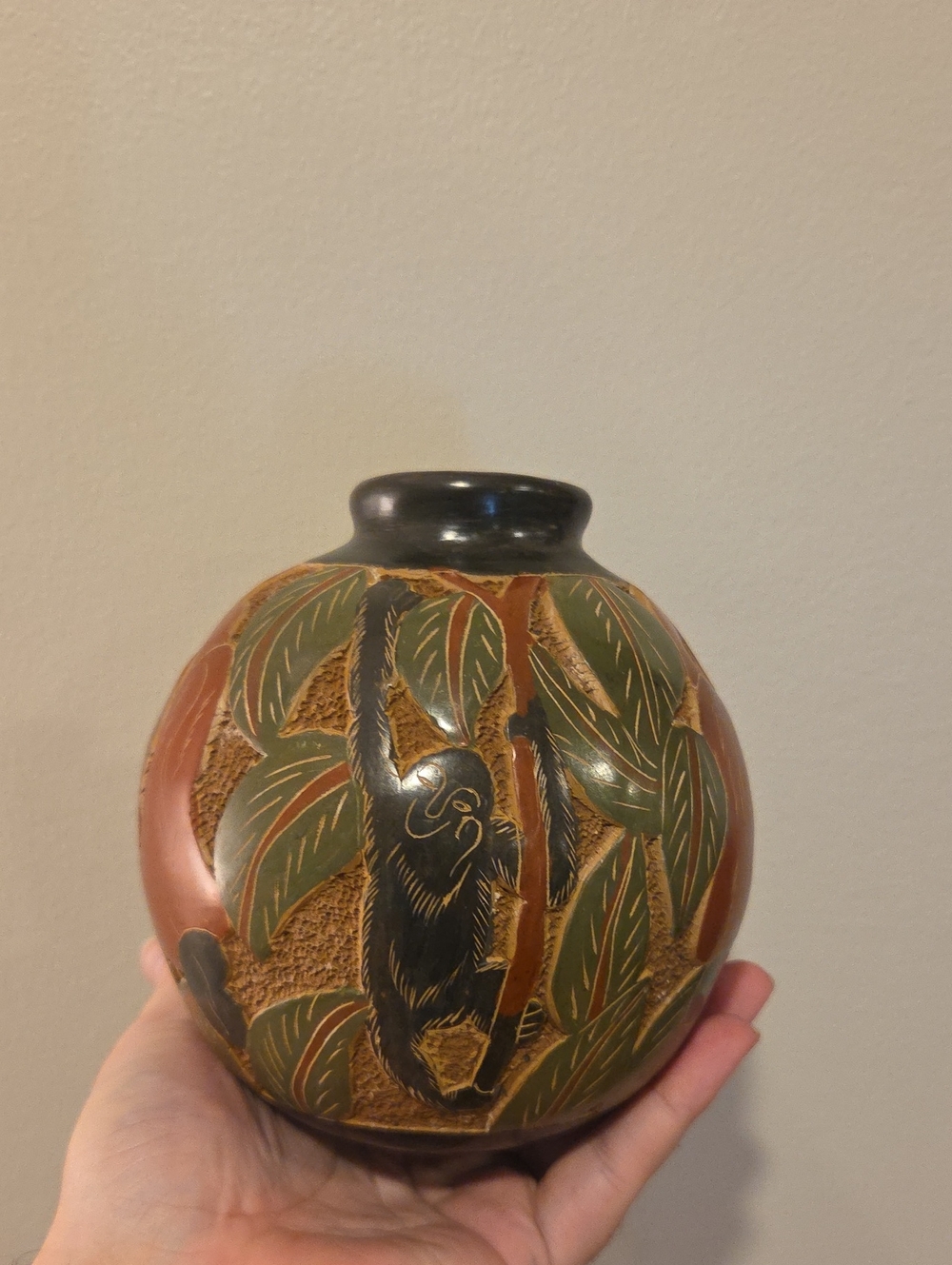 Donald Moreno Signed Pottery Carved Small Vase featuring Two Sloths